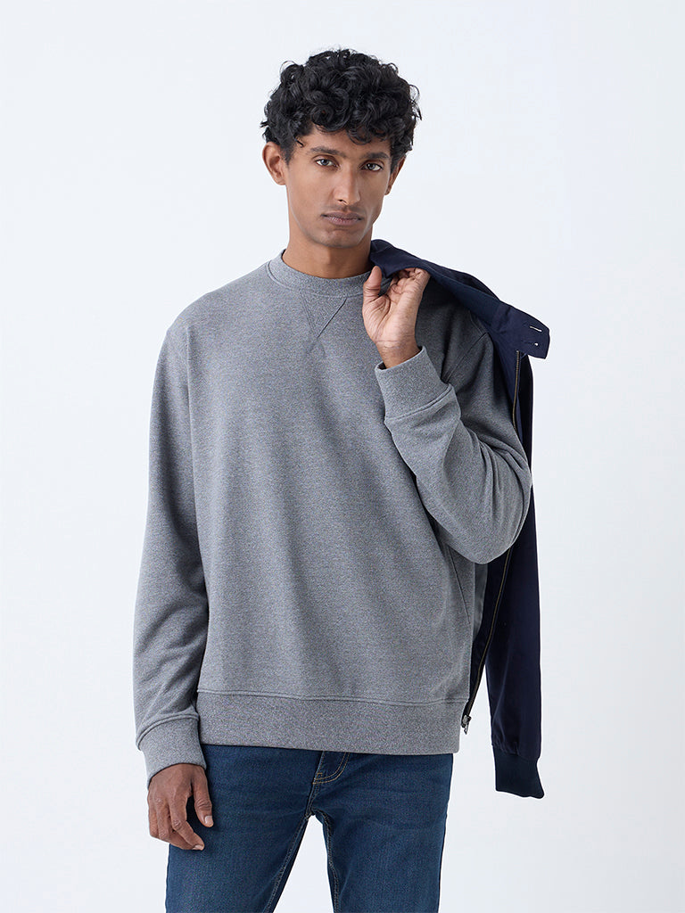 WES Casuals Grey Solid Relaxed-Fit Cotton-Blend Sweatshirt