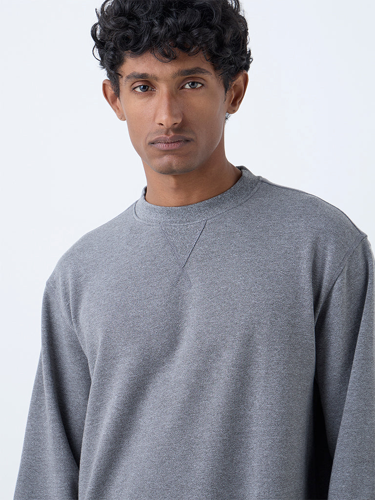 WES Casuals Grey Solid Relaxed-Fit Cotton-Blend Sweatshirt