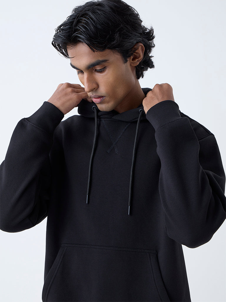 WES Casuals Black Solid Relaxed-Fit Cotton-Blend Hoodie