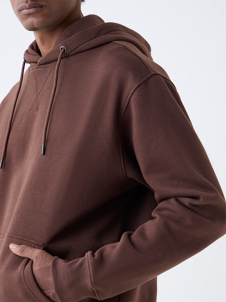 WES Casuals Brown Solid Relaxed-Fit Cotton-Blend Hoodie