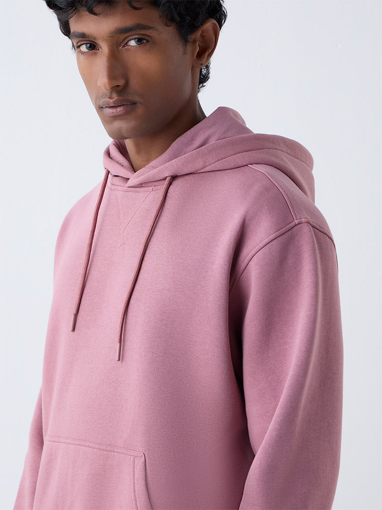 WES Casuals Dusty Pink Solid Relaxed-Fit Cotton-Blend Hoodie