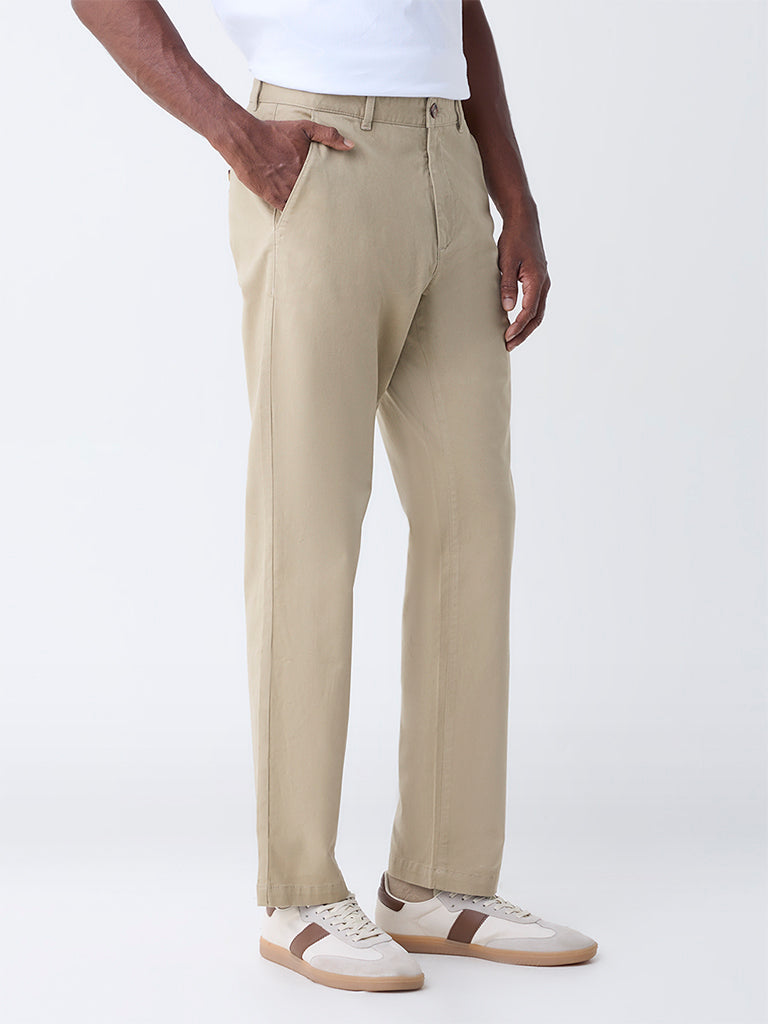WES Casuals Taupe Relaxed-Fit Mid-Rise Cotton-Blend Chinos