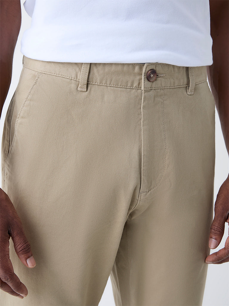 WES Casuals Taupe Relaxed-Fit Mid-Rise Cotton-Blend Chinos
