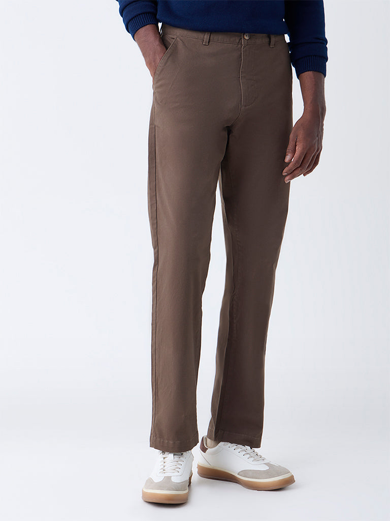WES Casuals Brown Relaxed-Fit Mid-Rise Cotton-Blend Chinos