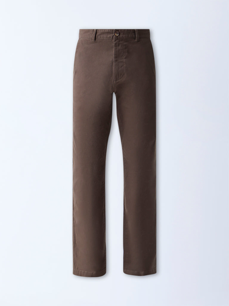 WES Casuals Brown Relaxed-Fit Mid-Rise Cotton-Blend Chinos