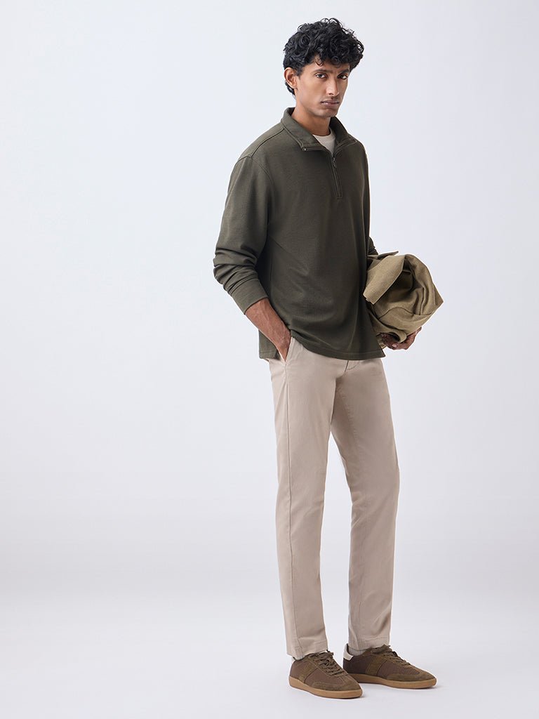 WES Casuals Taupe Slim-Fit Mid-Rise Cotton-Blend Trousers
