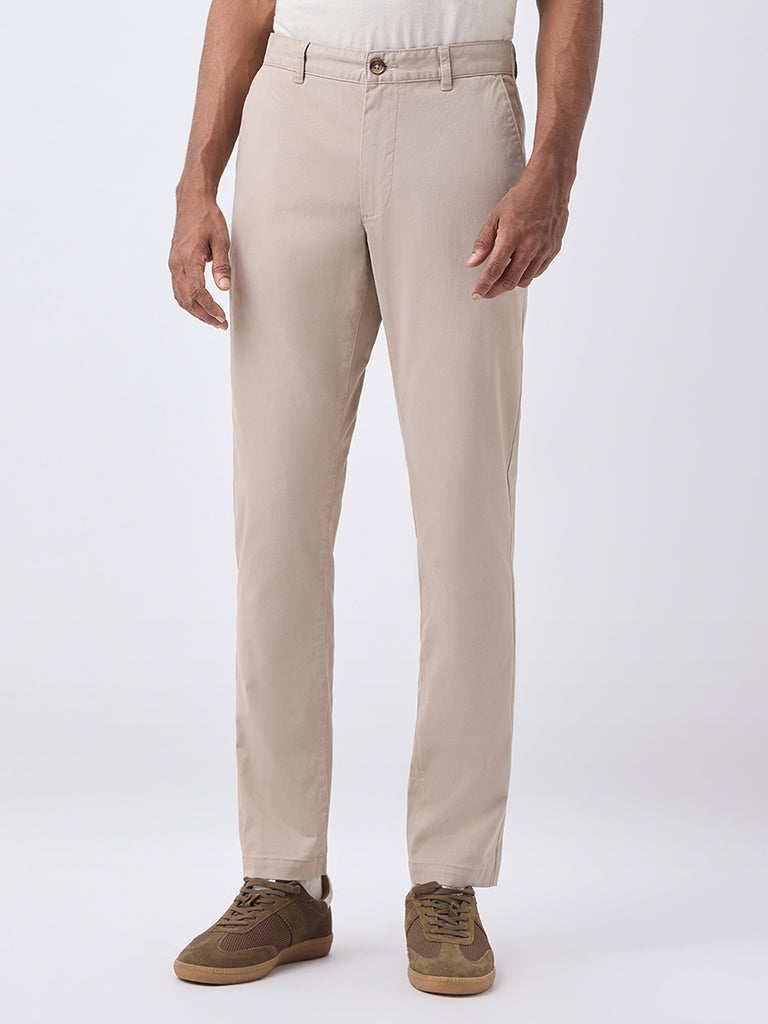 WES Casuals Taupe Slim-Fit Mid-Rise Cotton-Blend Trousers