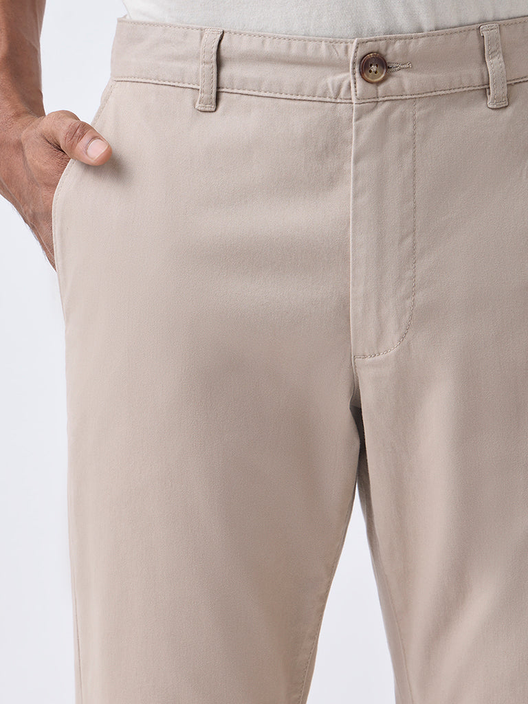 WES Casuals Taupe Slim-Fit Mid-Rise Cotton-Blend Trousers