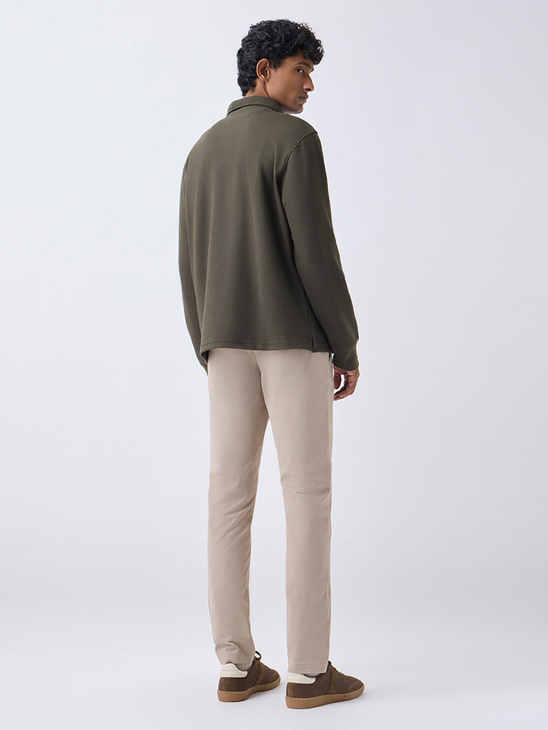 WES Casuals Taupe Slim-Fit Mid-Rise Cotton-Blend Trousers