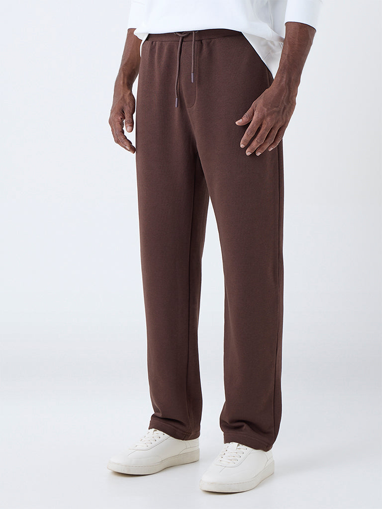 WES Casuals Brown Relaxed-Fit Mid-Rise Cotton-Blend Pants