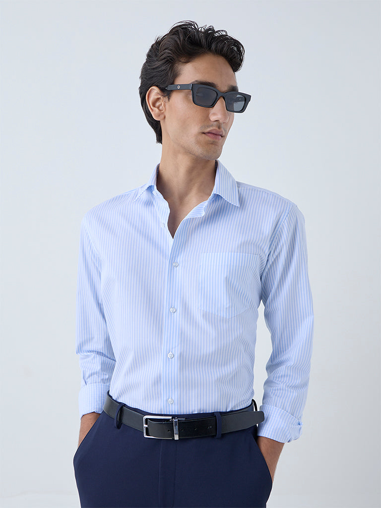 Westside WES Formals Men's Blue Stripe Patterned Slim-Fit Cotton Shirt for Work Wear Front View