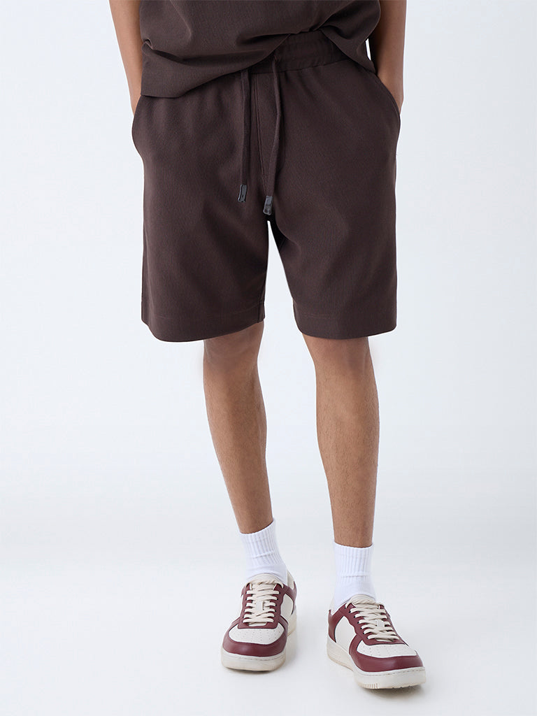 Westside Studiofit Men's Dark Brown Relaxed-Fit Cotton-Blend Shorts for Sports Wear Front view