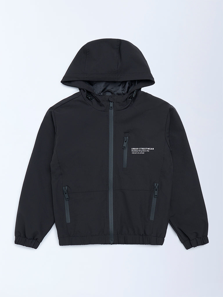 Boys Black Text Design Hooded Jacket