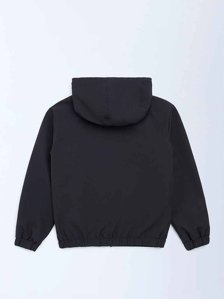Boys Black Text Design Hooded Jacket