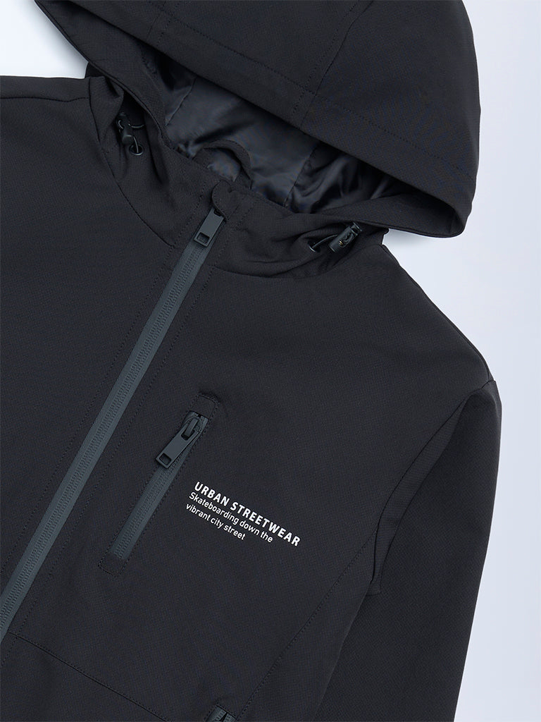 Boys Black Text Design Hooded Jacket
