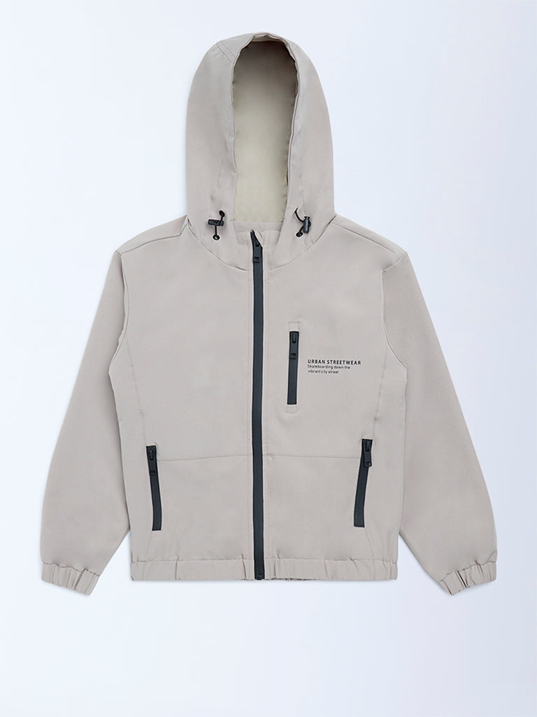 Boys Beige Text Detailed Hooded Jacket