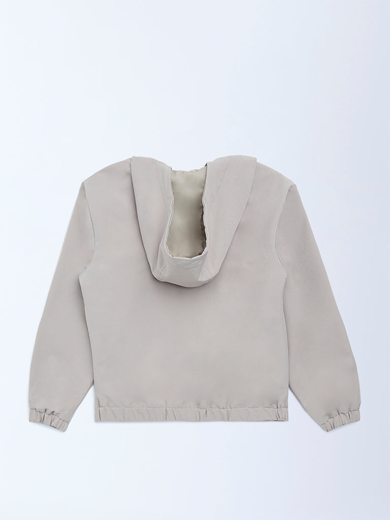 Boys Beige Text Detailed Hooded Jacket
