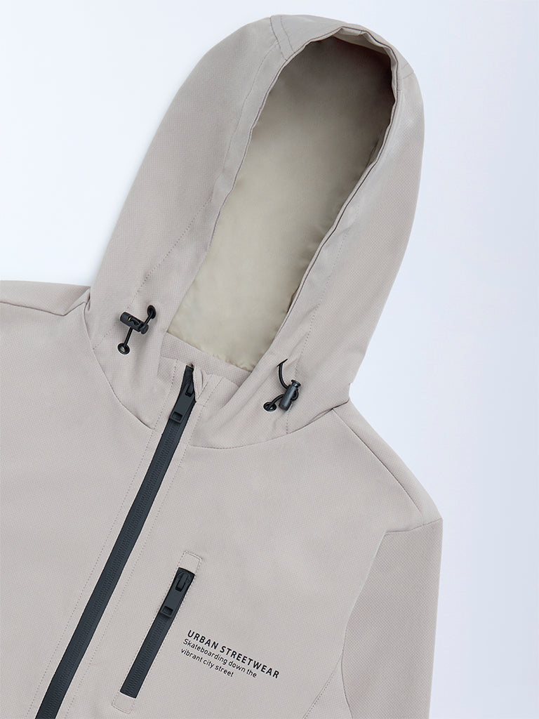 Boys Beige Text Detailed Hooded Jacket