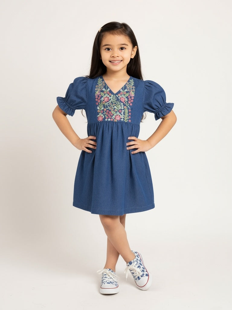 Utsa Kids Girls Dark Blue Floral Embroidered Denim A-Line Dress - (2 - 8yrs)