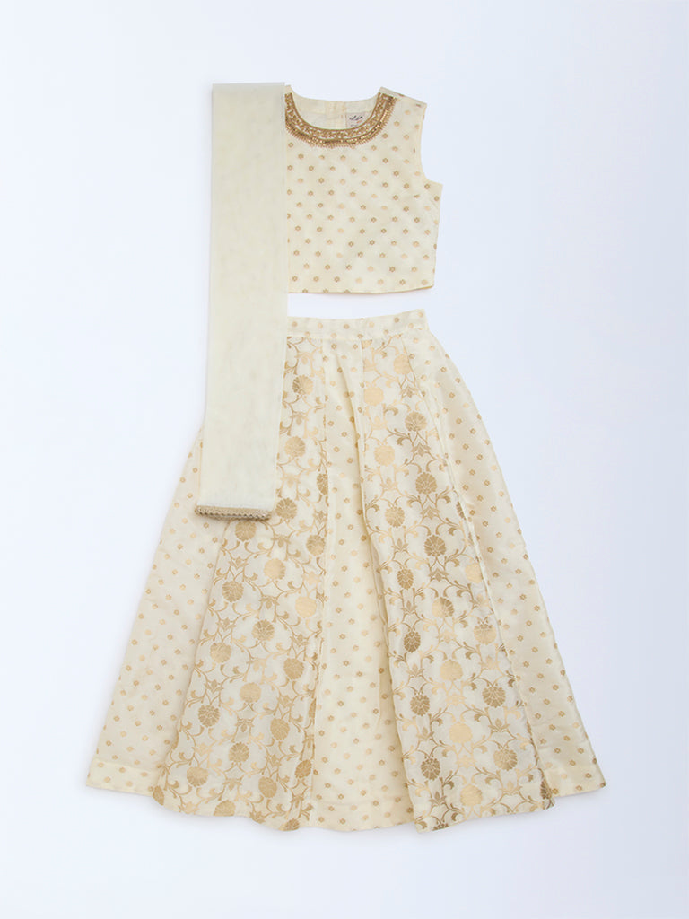 Utsa Kids Off-White Floral Embroidered Ethnic Set - (8-14yrs)