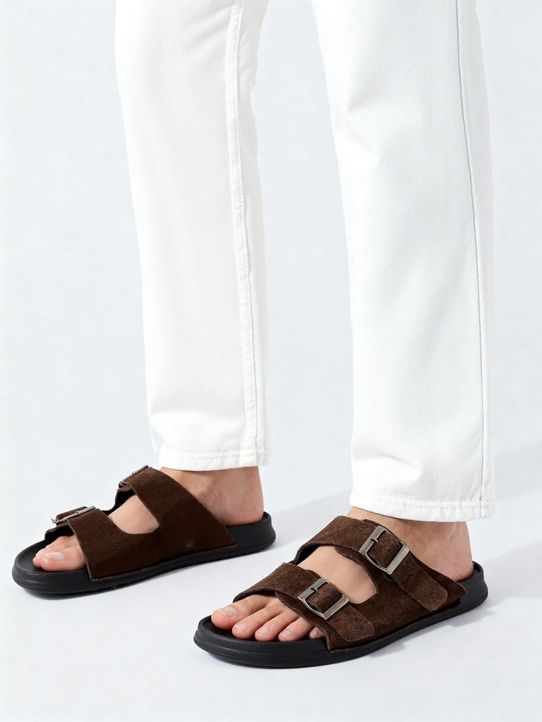 SOLEPLAY Brown Dual-Strap Leather Slip-On Sandals