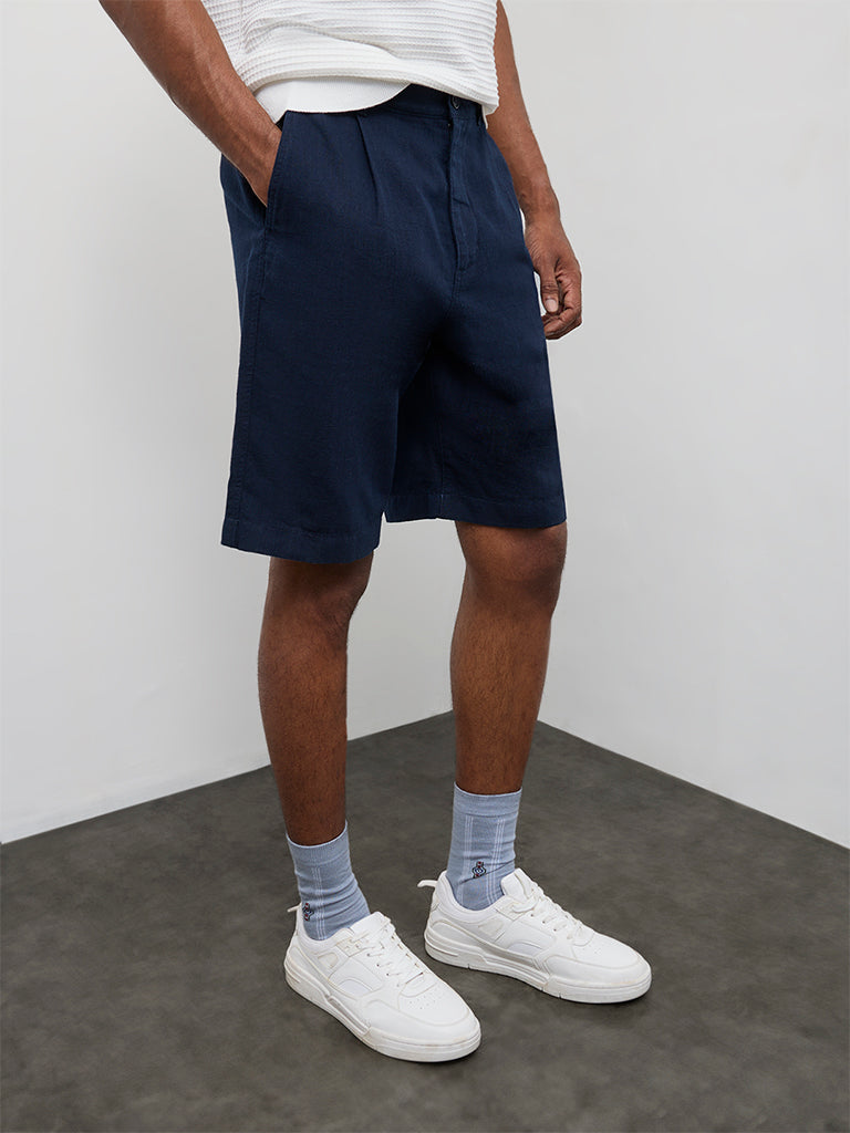 Ascot Navy Relaxed-Fit Mid-Rise Cotton-Blend Shorts