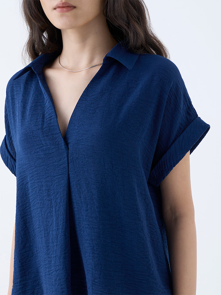 Westside Wardrobe Women's Indigo Crinkle-Textured Top for Work Wear Zoomed View