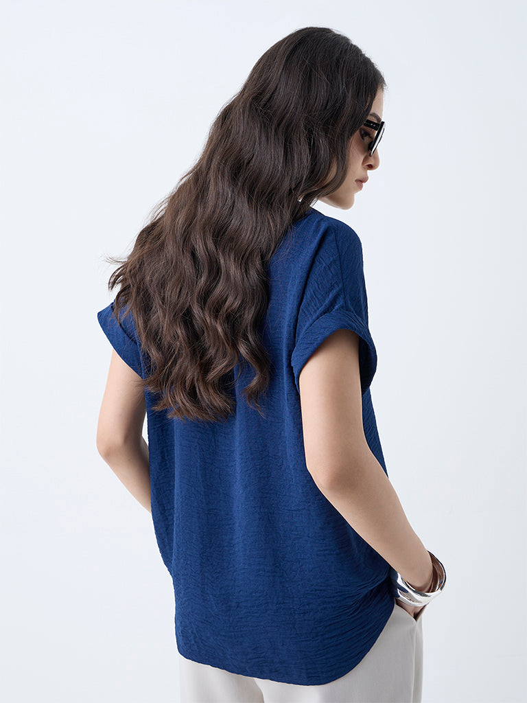 Westside Wardrobe Women's Indigo Crinkle-Textured Top for Work Wear Back View