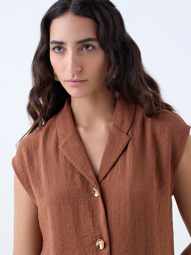 Westside Wardrobe Women's Tan Self-Textured Blouse for Work Wear Zoomed View