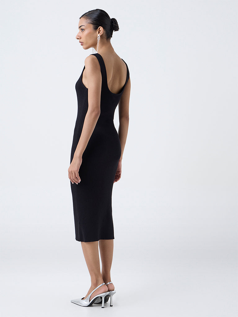 Wardrobe Black Ribbed-Textured Bodycon Dress