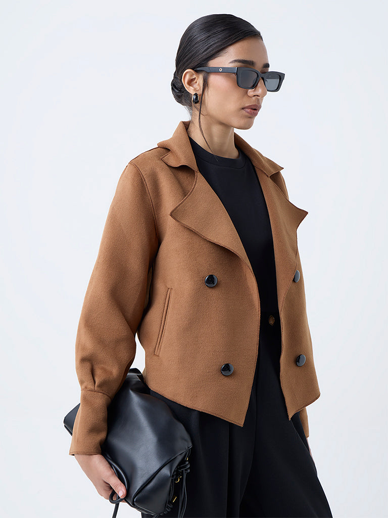 Wardrobe Tan Solid Faux Suede Jacket