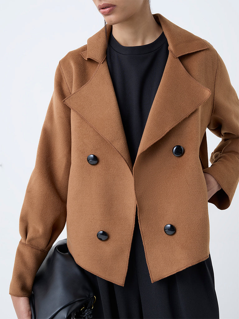 Wardrobe Tan Solid Faux Suede Jacket