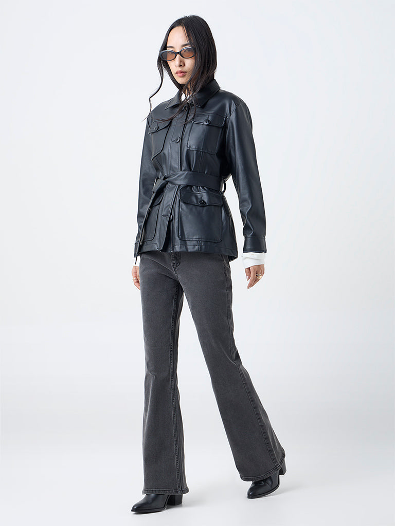 LOV Black Faux Leather Jacket with Belt