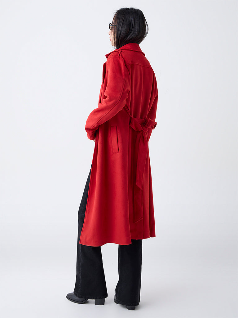 Buy LOV Red Suede Trench Coat with Belt from Westside