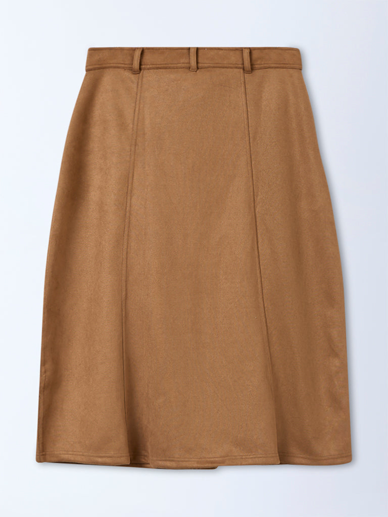 LOV Tan Pleated Fit-and-Flare Suede Skirt