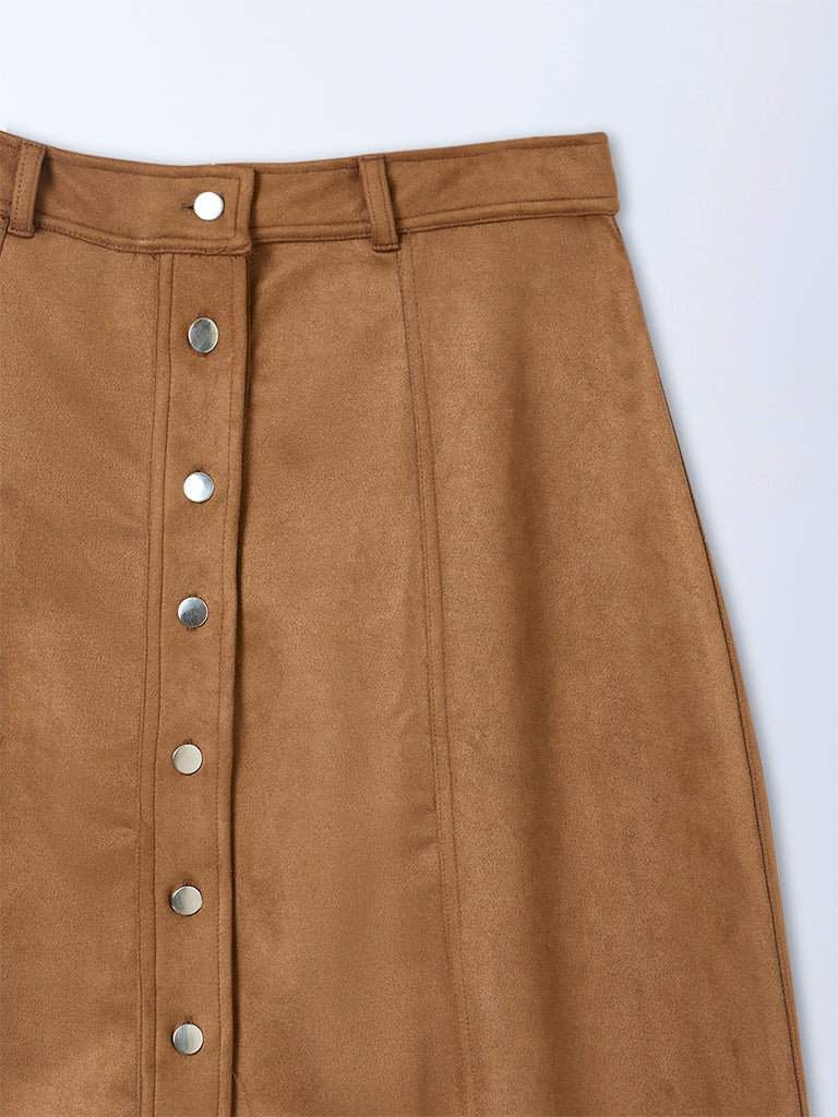 LOV Tan Pleated Fit-and-Flare Suede Skirt