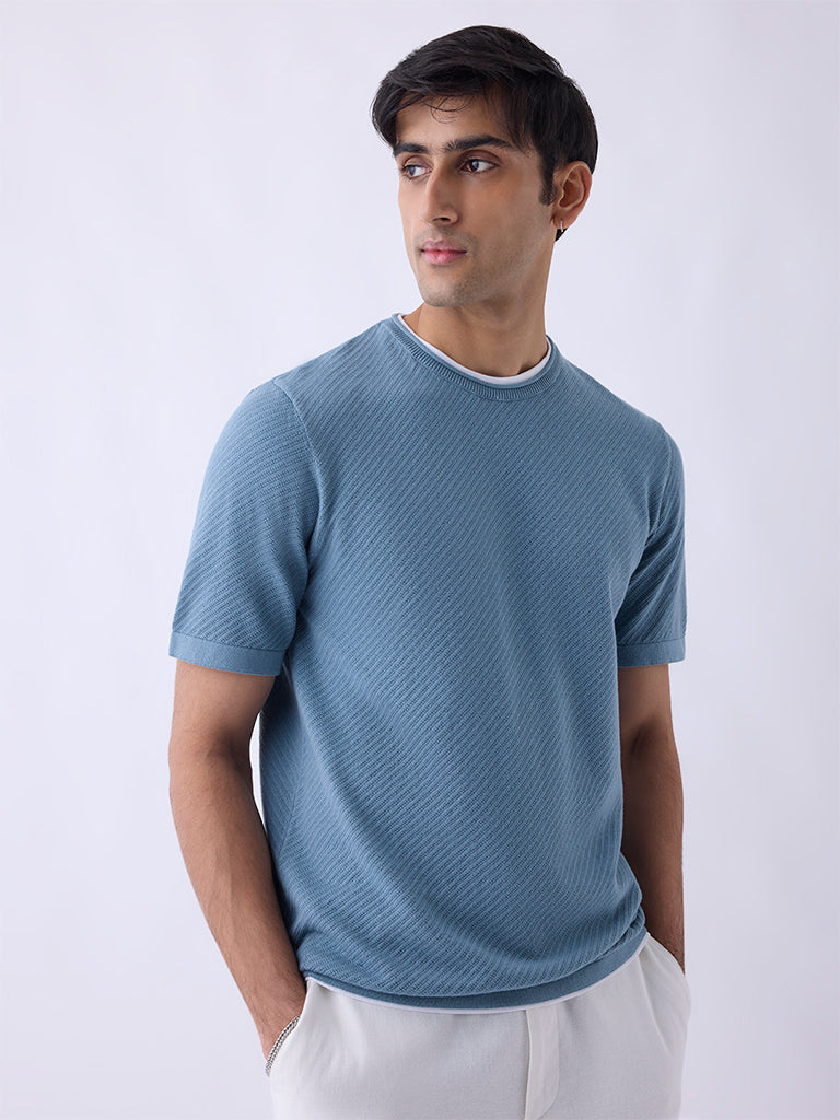 ETA Dusty Blue Woven-Textured Relaxed-Fit Cotton T-Shirt