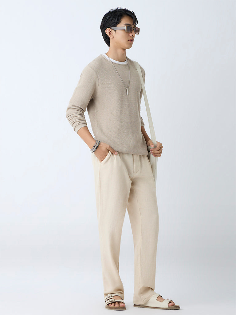 Westside ETA Men's Beige Relaxed-Fit Mid-Rise Cotton-Blend Chinos for Casual Wear Full View