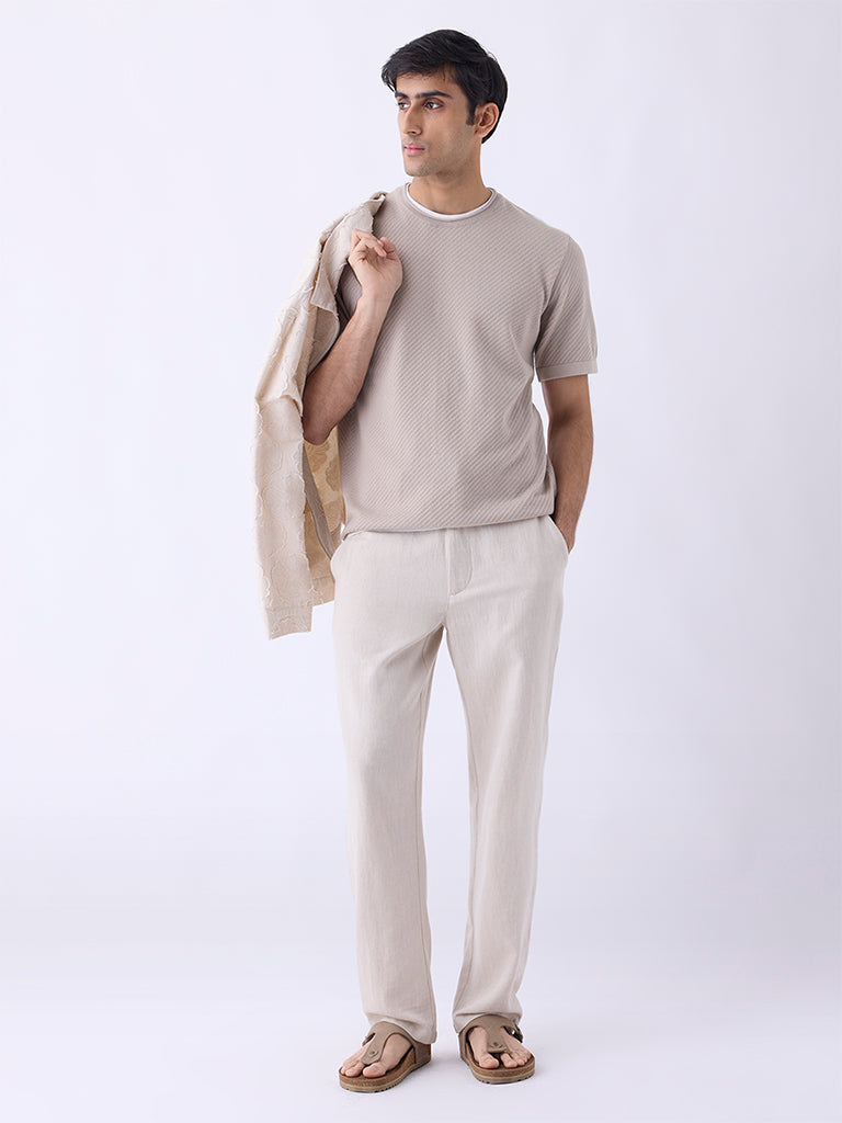 ETA Beige Solid Relaxed-Fit Mid-Rise Pants