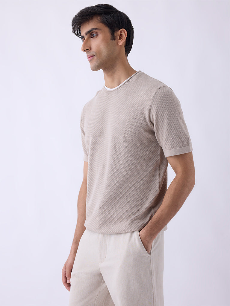 ETA Beige Solid Relaxed-Fit Mid-Rise Pants