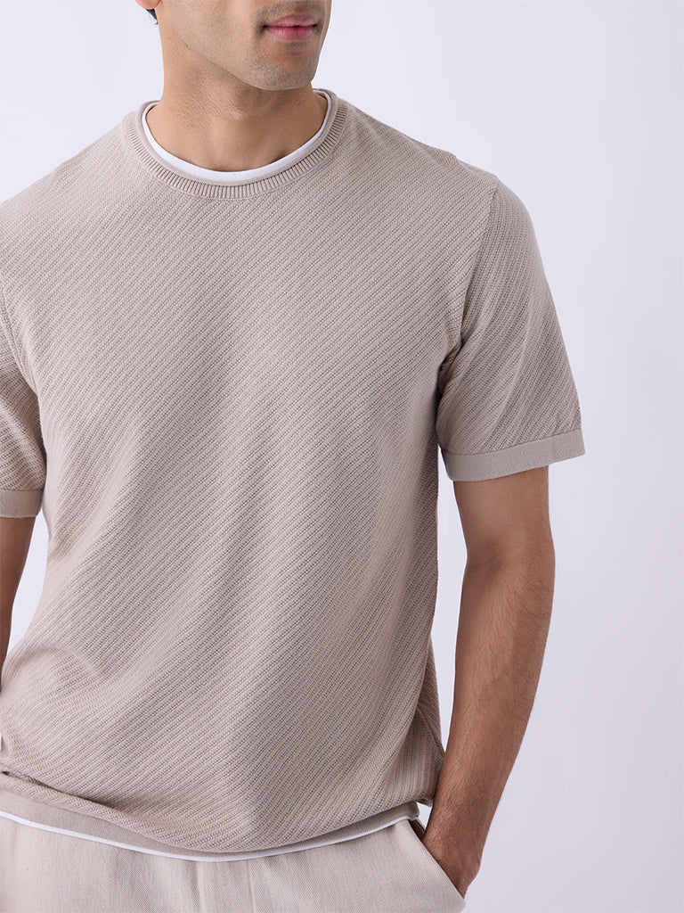 ETA Beige Solid Relaxed-Fit Mid-Rise Pants