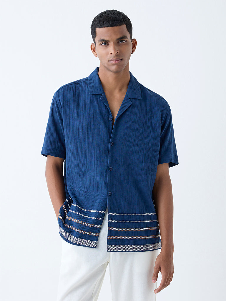 Westside ETA Men's Indigo Crinkle-Textured Relaxed-Fit Cotton Shirt for Casual Wear Front View