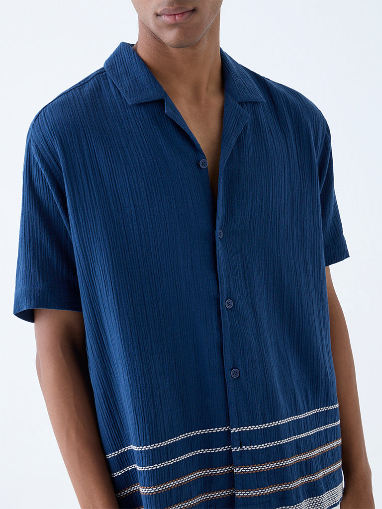 Westside ETA Men's Indigo Crinkle-Textured Relaxed-Fit Cotton Shirt for Casual Wear Zoomed View