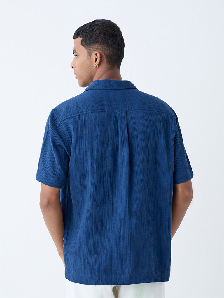 Westside ETA Men's Indigo Crinkle-Textured Relaxed-Fit Cotton Shirt for Casual Wear Back View