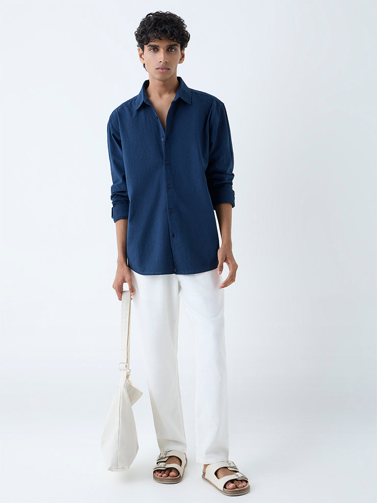 ETA Navy Solid Relaxed-Fit Cotton Shirt