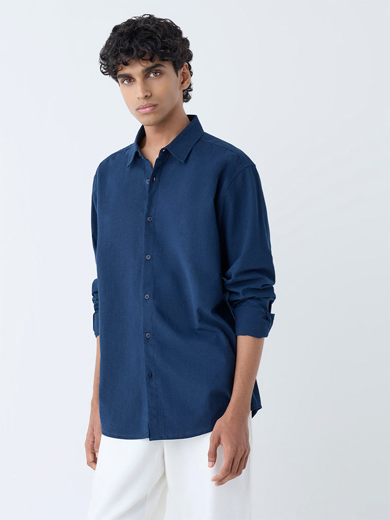 ETA Navy Solid Relaxed-Fit Cotton Shirt