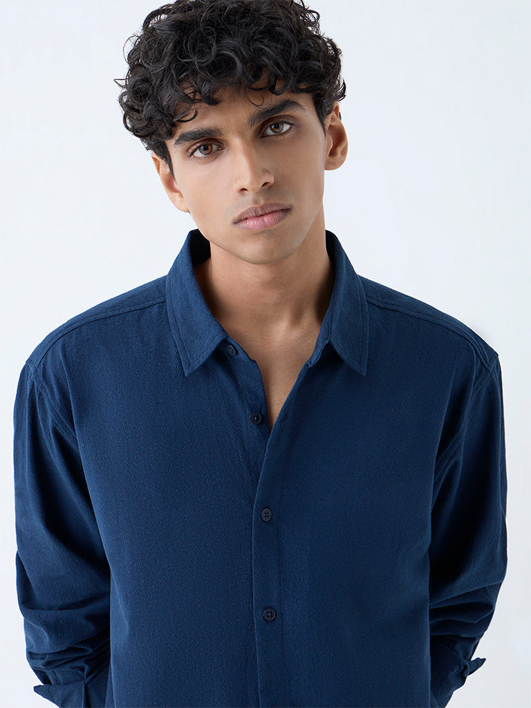 ETA Navy Solid Relaxed-Fit Cotton Shirt