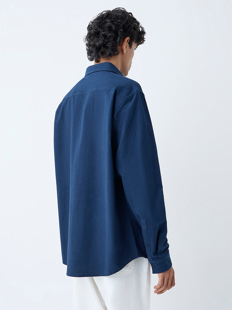 ETA Navy Solid Relaxed-Fit Cotton Shirt