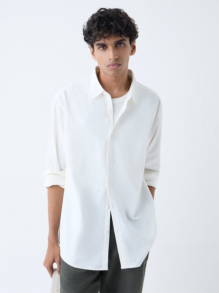ETA White Solid Relaxed-Fit Cotton Shirt