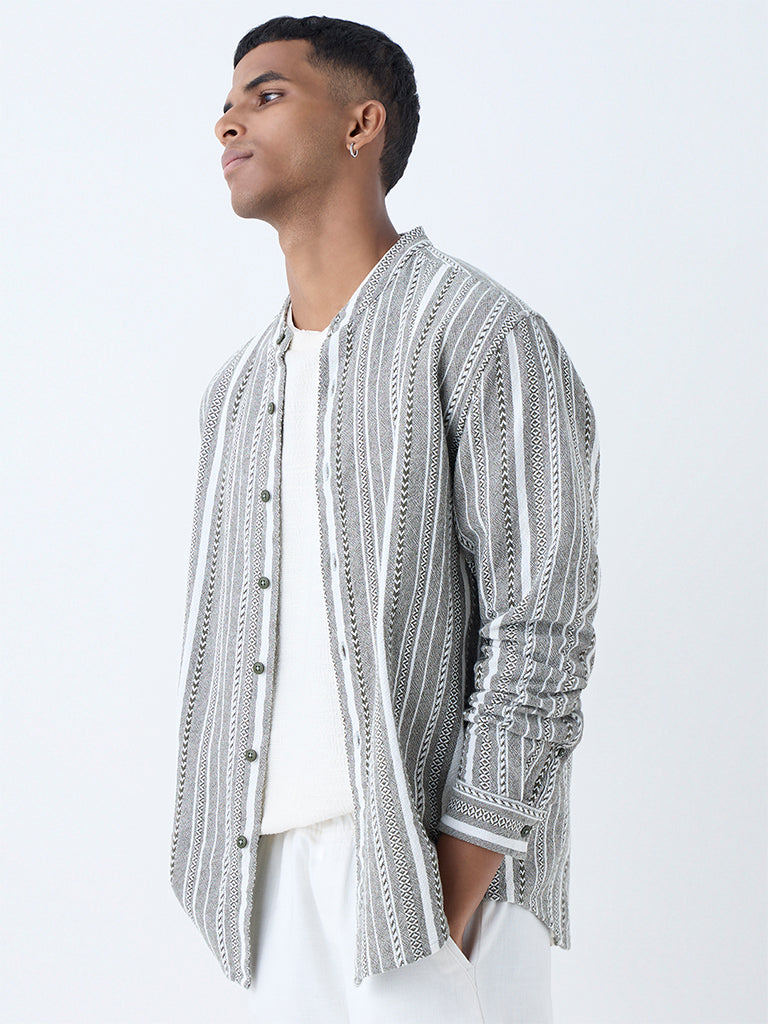 Westside ETA Men's Olive Stripe Relaxed-Fit Cotton Shirt for Casual Wear Front View